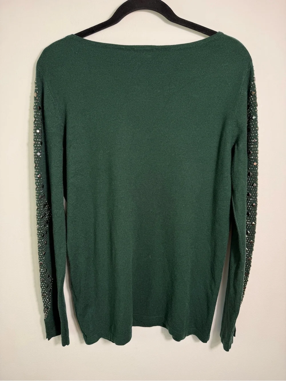 Milano Dark Forest Green Crewneck Sweater Embellished rhinestone Sleeves Large